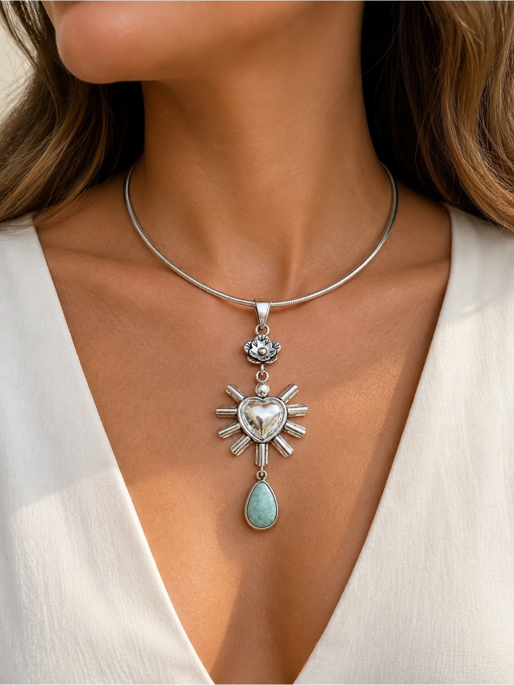 925 Sterling Silvere Heart Sunburst Pendant with Amazonite Teardrop
